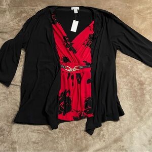 NWT Jaclyn Smith Sewn in Open Cardigan Red Floral Print Shirt Chain Detail 1X
